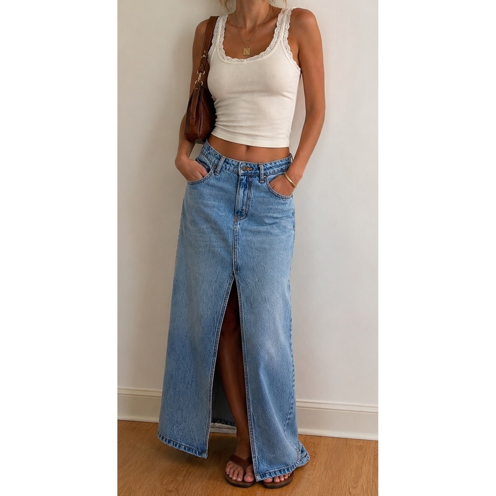 We The Free Free People Nothing Better Blue Denim Maxi Skirt Front Slit High 0